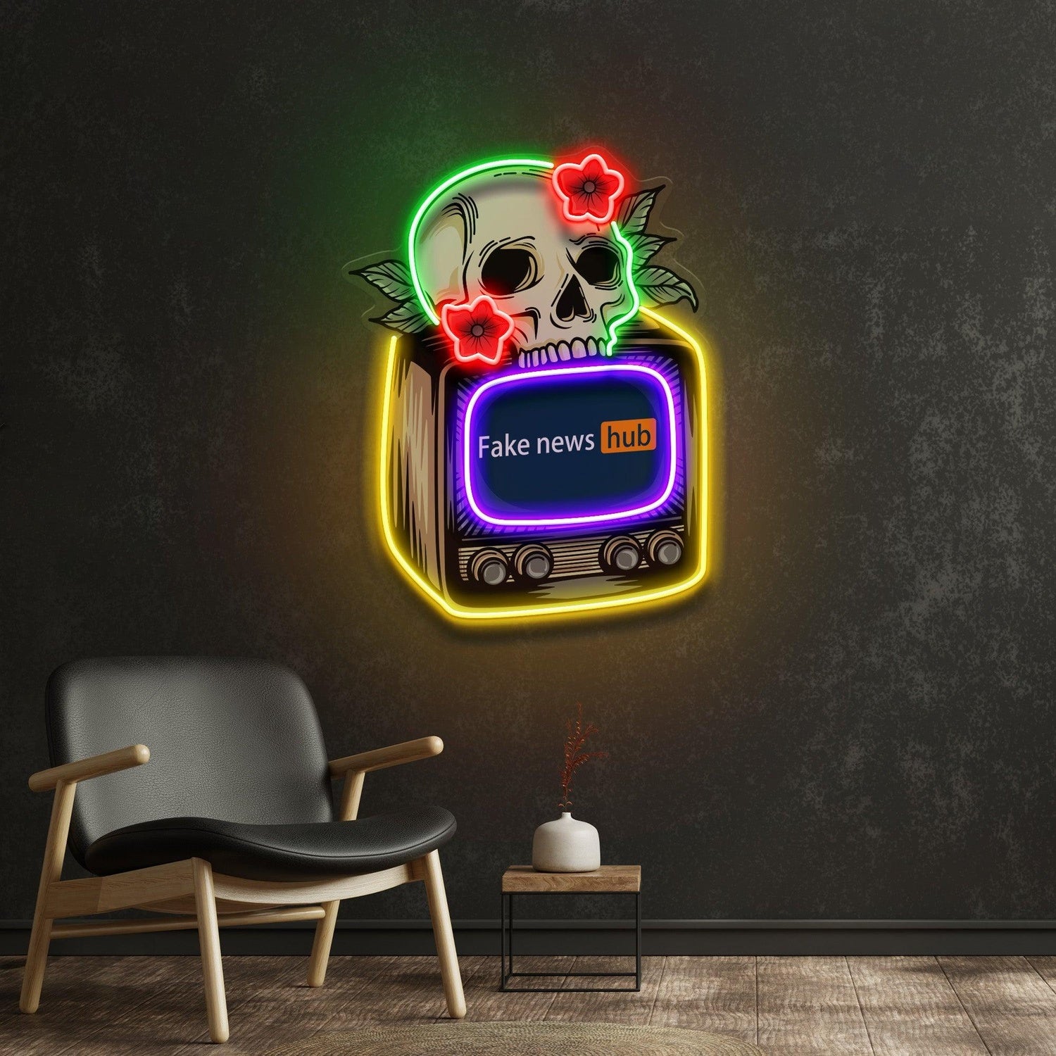 Vintage Tv Skull Fake News Uv Printed Led Neon Sign For Home Cafe Wall Decor | Shineneon