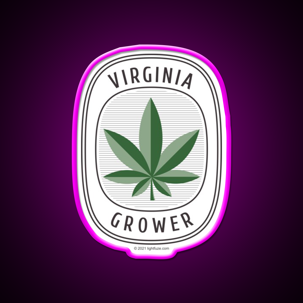 Virginia Grower Retro Label Hemp Inspired Green Leaf Led Neon Sign Rgb Color - Neon sign mounted on wall in room