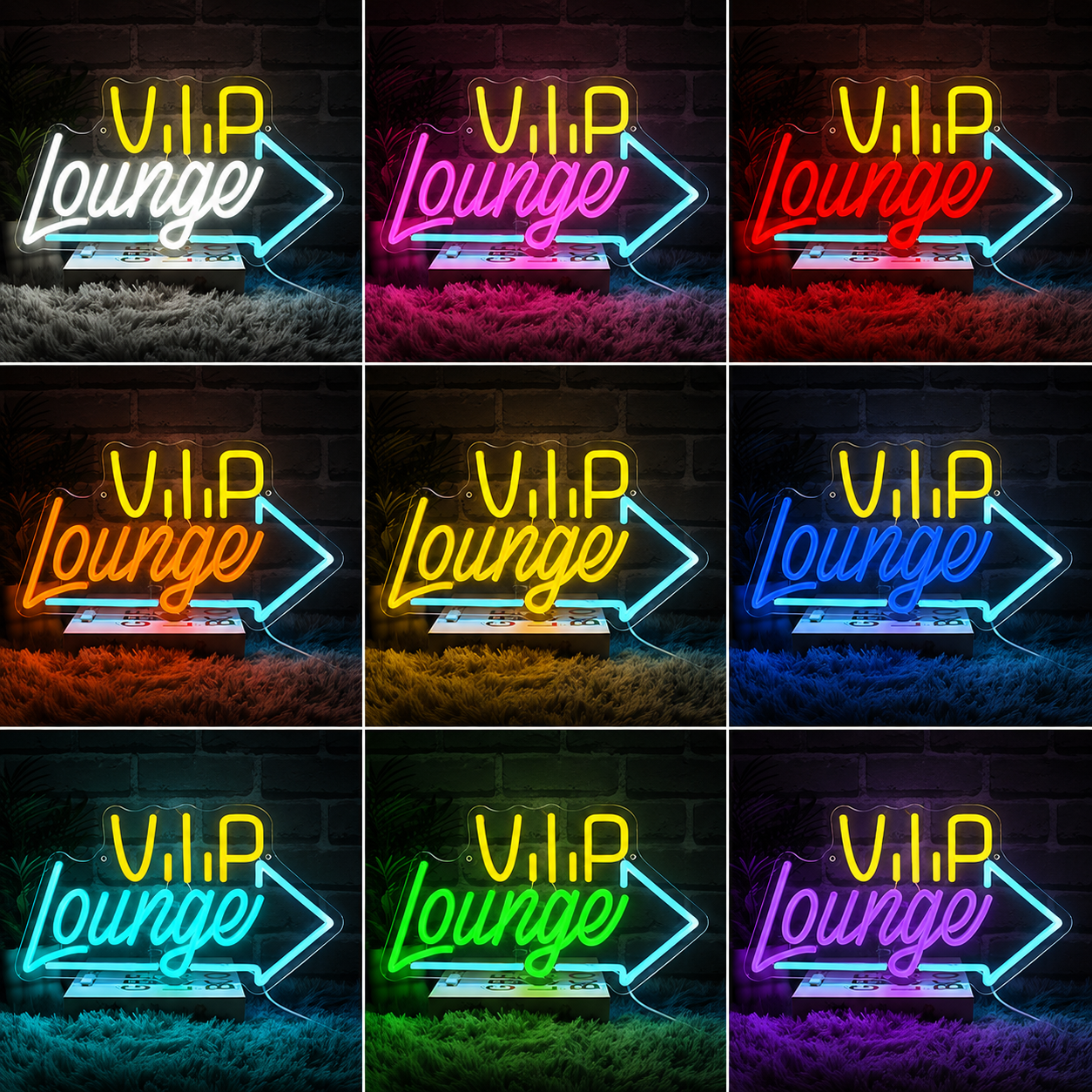 Vuip Lounge With An Arrow Pointing To The Right LED Neon Sign color grid
