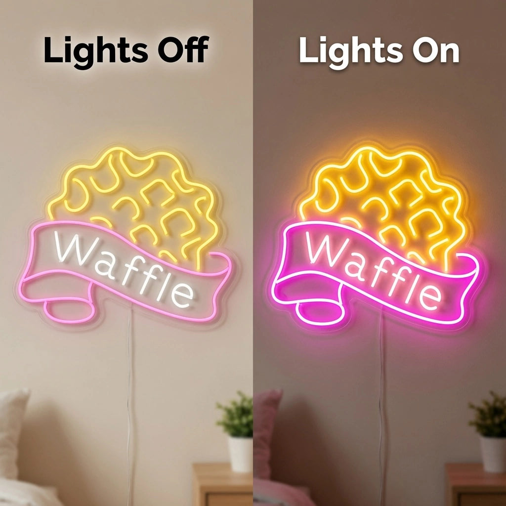 Waffle Bedroom Decor LED Neon Sign - 06 Day Night Comparison