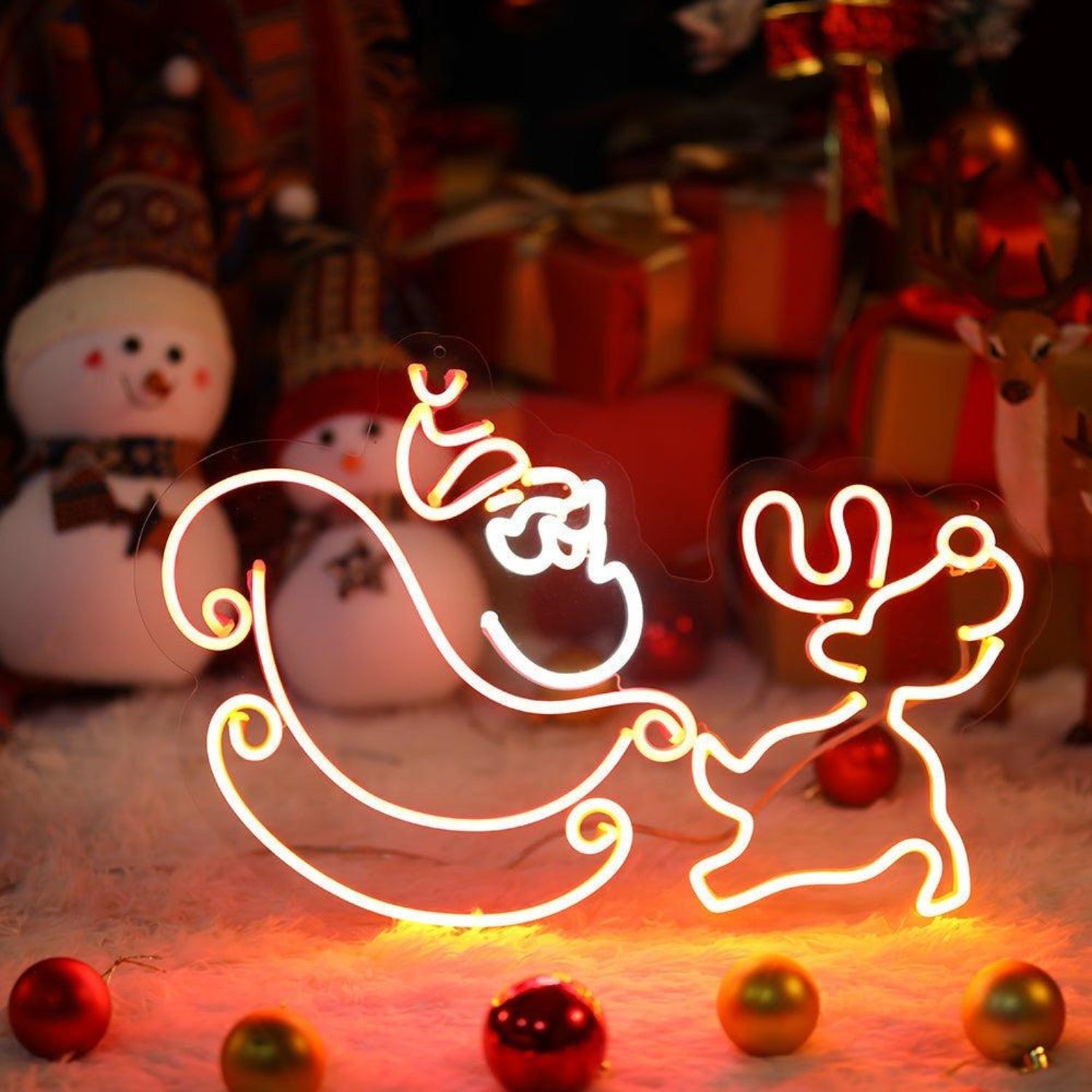 Warm Orange-Yellow Reindeer Sleigh Cartoon Led Neon Sign For Christmas Decor | Shineneon