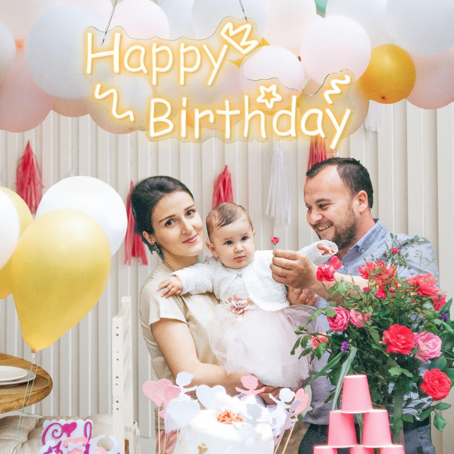 Warm White Happy Birthday Hearts Stars Swirls Led Neon Sign For Indoor Party Decor | Shineneon