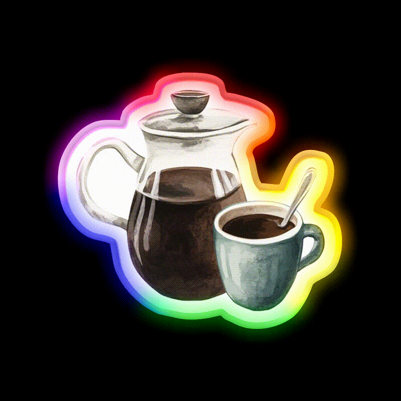 Watercolor French Press And Coffee Mug Cafe Led Neon Sign Espresso Bar Art Rgb Color