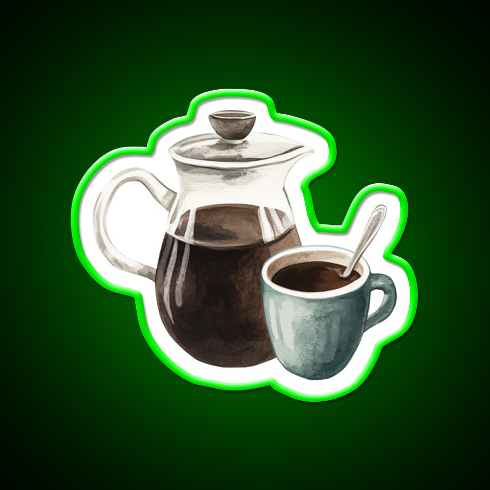 Watercolor French Press And Coffee Mug Cafe Led Neon Sign Espresso Bar Art Rgb Color