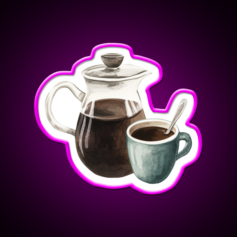 Watercolor French Press And Coffee Mug Cafe Led Neon Sign Espresso Bar Art Rgb Color