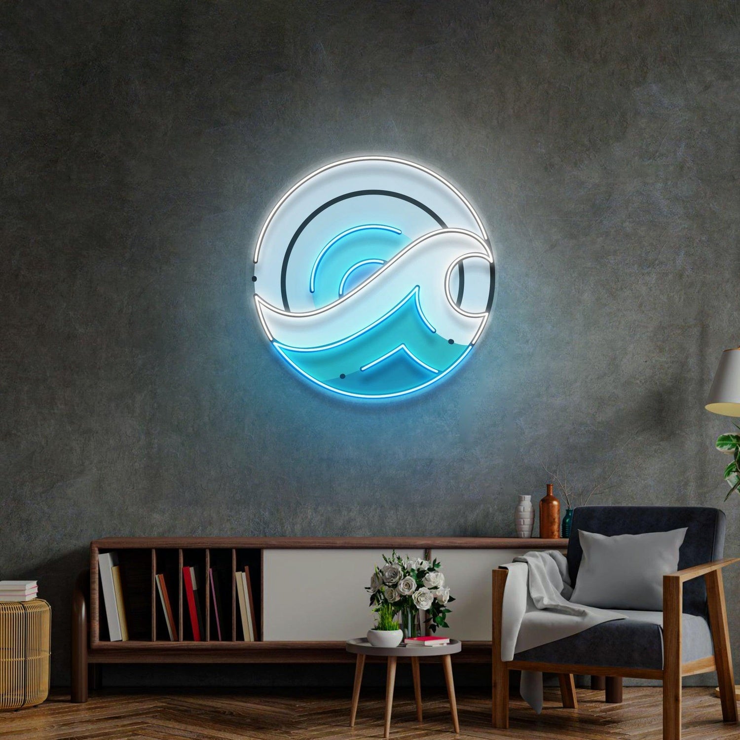 Wave Circle Blue White Gradient Uv Printed Led Neon Sign For Artistic Wall Decor | Shineneon