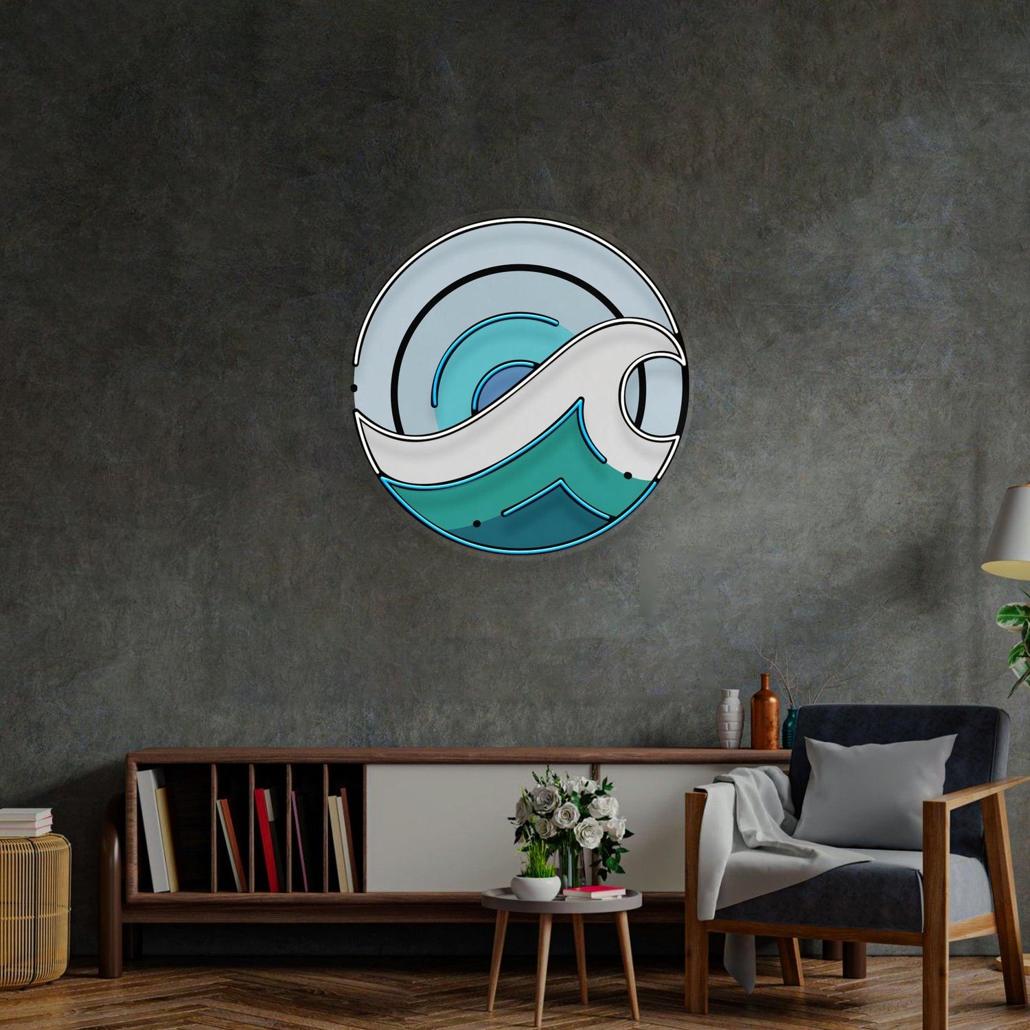Wave Circle Blue White Uv Printed Led Neon Sign For Home Wall Decor | Shineneon
