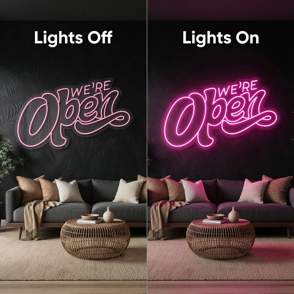 We Re Open Wall Decor LED Neon Sign - 06 Day Night Comparison