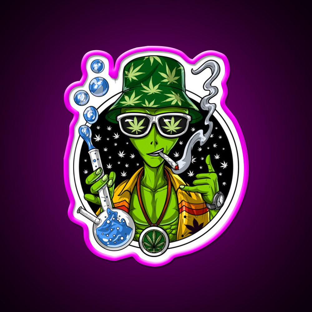 Weed Alien Stoner Hemp Inspired Green Leaf Led Neon Sign Rgb Color - Neon sign mounted on wall in room