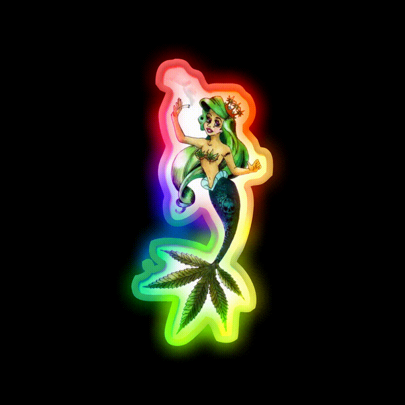 Weed And The Sea Mermaid Hemp Inspired Green Leaf Led Neon Sign Rgb Color - LED neon sign close-up detail