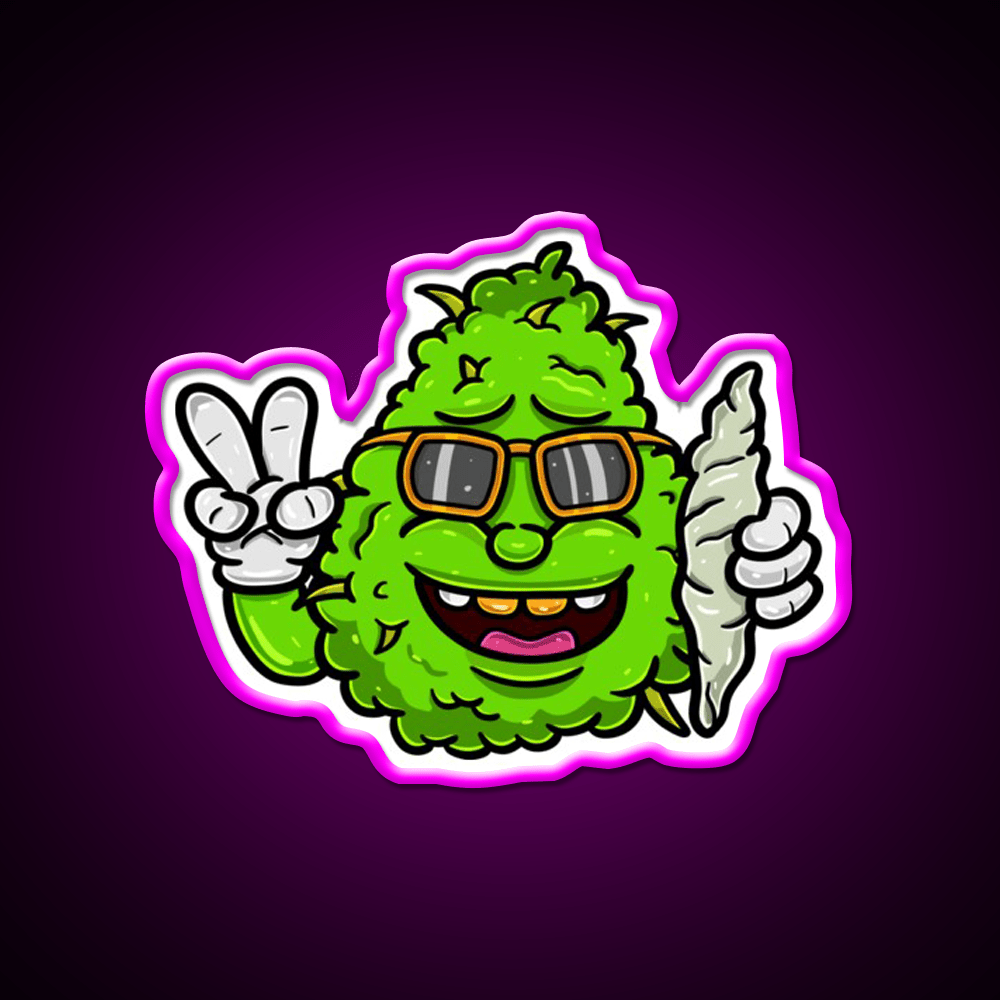 Weed Bud Cartoon With Glass And Bring Cigarette Green Leaf Led Neon Sign Rgb Color - Shineneon