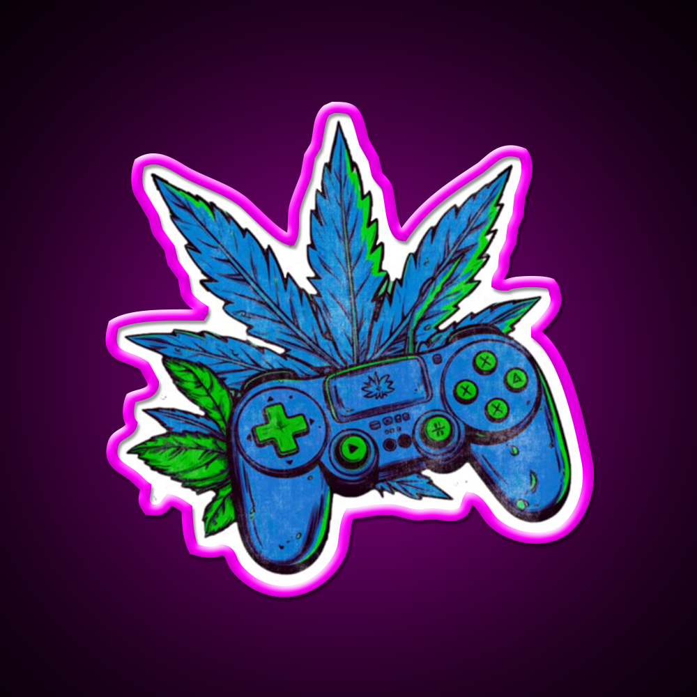 Weed Gamer Console Hemp Inspired Green Leaf Led Neon Sign Rgb Color - Neon sign mounted on wall in room