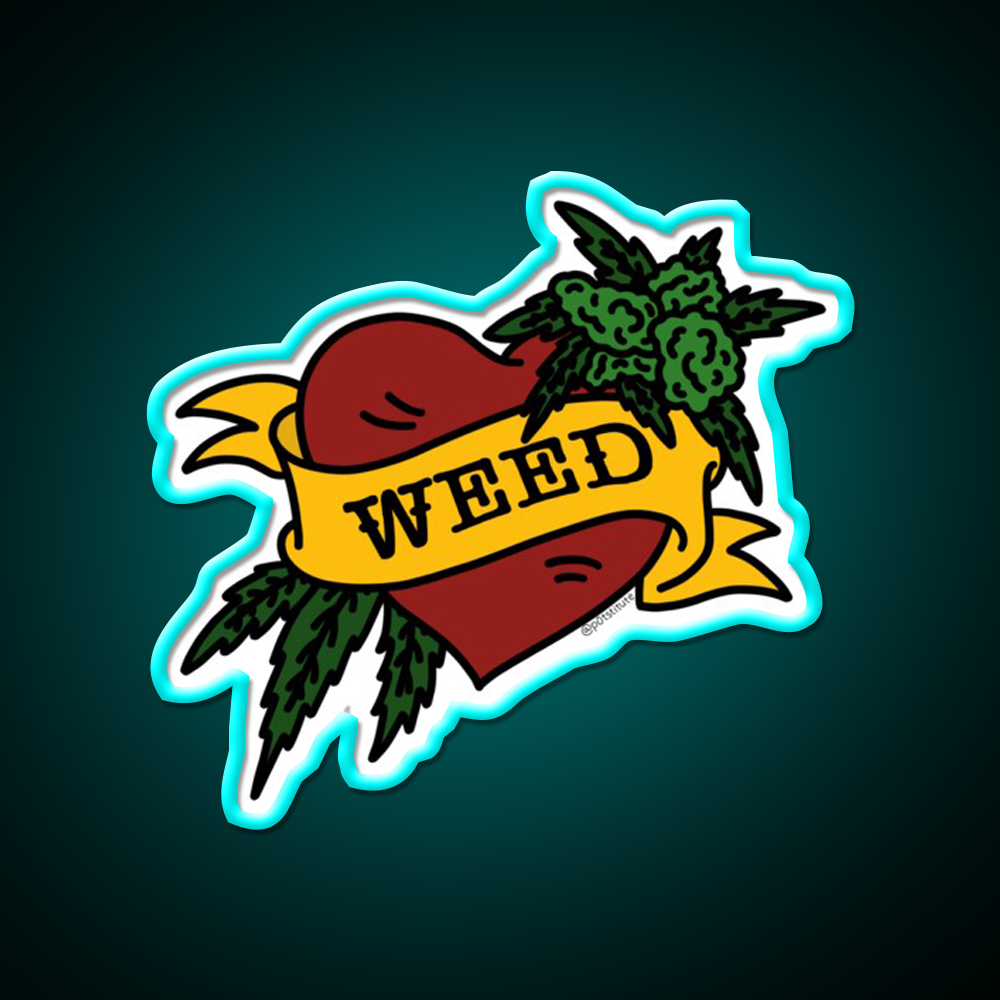 Weed Heart Tattoo Style Stoner Art Hemp Inspired Green Leaf Led Neon Sign Rgb Color - Size and dimension reference