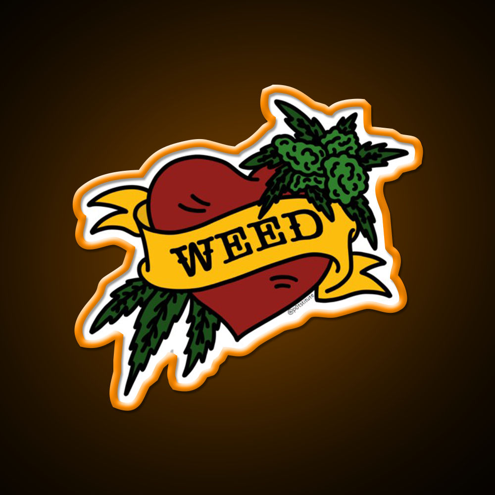 Weed Heart Tattoo Style Stoner Art Hemp Inspired Green Leaf Led Neon Sign Rgb Color - LED neon sign view 6