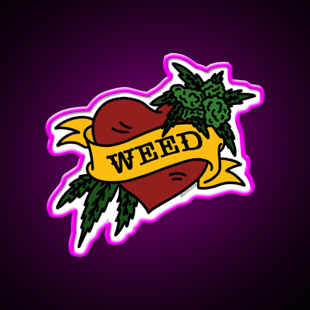 Weed Heart Tattoo Style Stoner Art Hemp Inspired Green Leaf Led Neon Sign Rgb Color - Neon sign mounted on wall in room