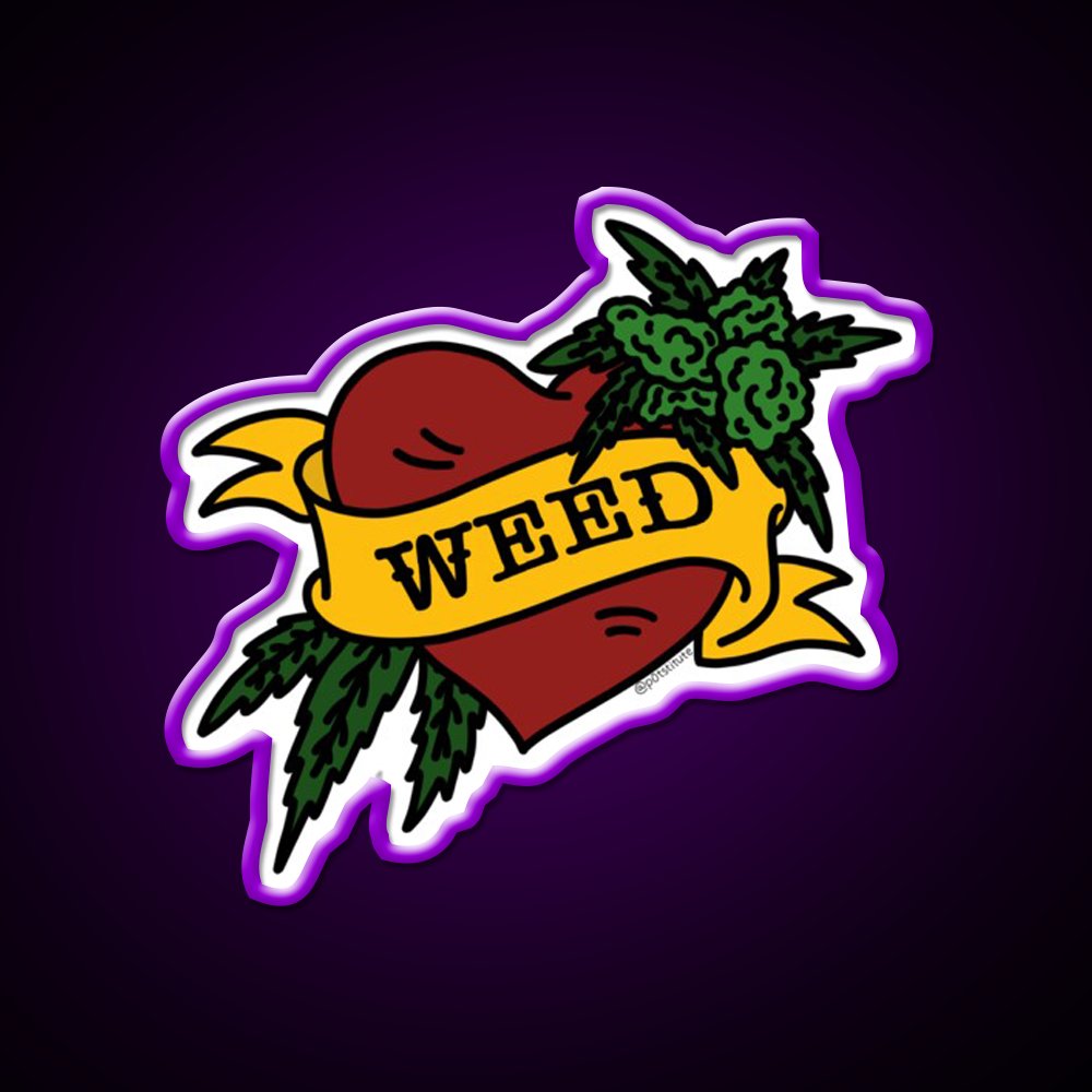 Weed Heart Tattoo Style Stoner Art Hemp Inspired Green Leaf Led Neon Sign Rgb Color - LED neon sign view 9