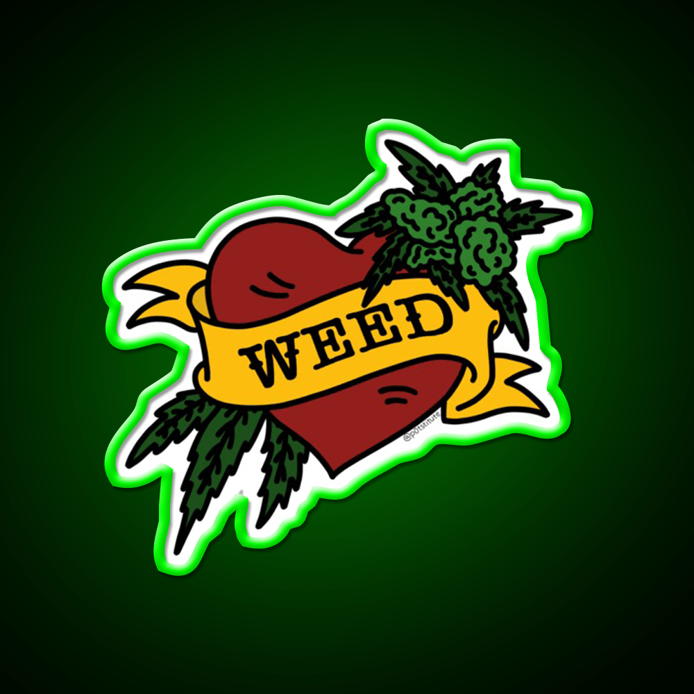 Weed Heart Tattoo Style Stoner Art Hemp Inspired Green Leaf Led Neon Sign Rgb Color - Shineneon