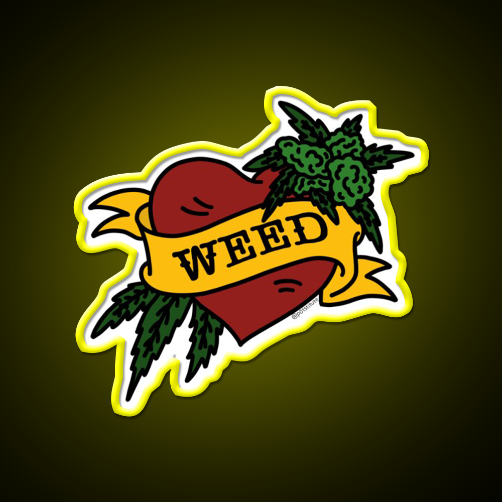 Weed Heart Tattoo Style Stoner Art Hemp Inspired Green Leaf Led Neon Sign Rgb Color - LED neon sign view 7