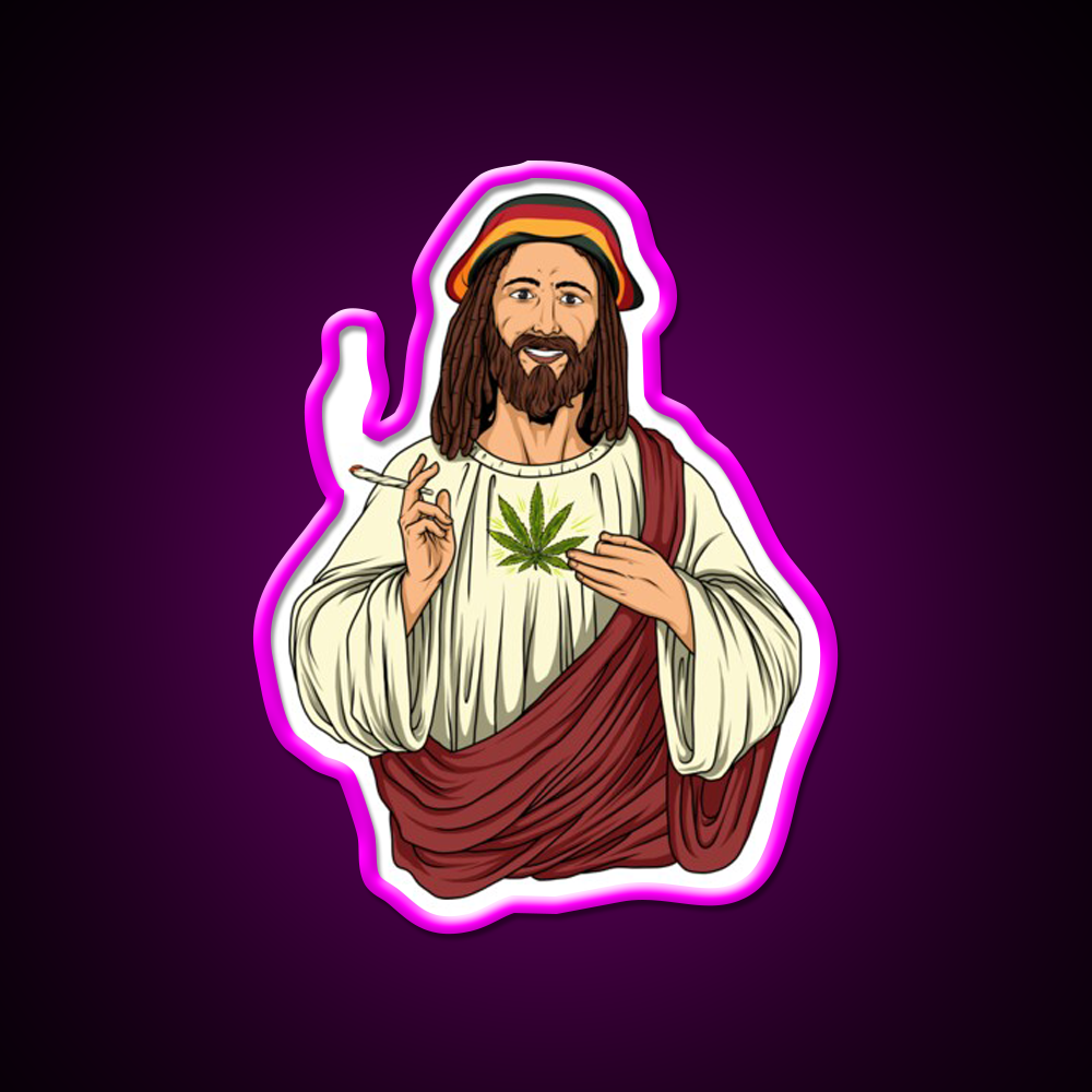 Weed Jesus Christ Stoner Thc Hemp Inspired Green Leaf Led Neon Sign Rgb Color - Neon sign mounted on wall in room