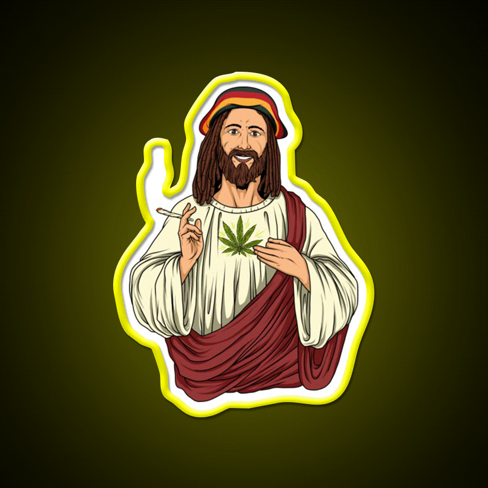 Weed Jesus Christ Stoner Thc Hemp Inspired Green Leaf Led Neon Sign Rgb Color - Custom LED neon sign front view