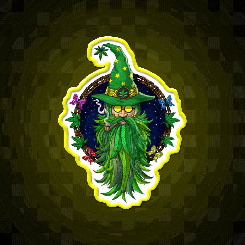 Weed Wizard Hemp Inspired Green Leaf Led Neon Sign Rgb Color - Custom LED neon sign front view