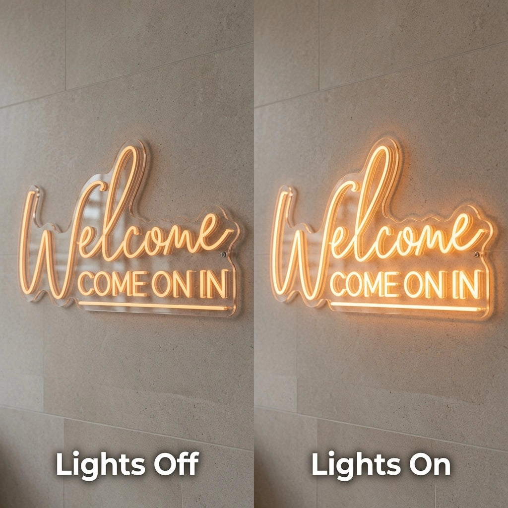 Welcome Business LED Neon Sign - 06 Day Night Comparison