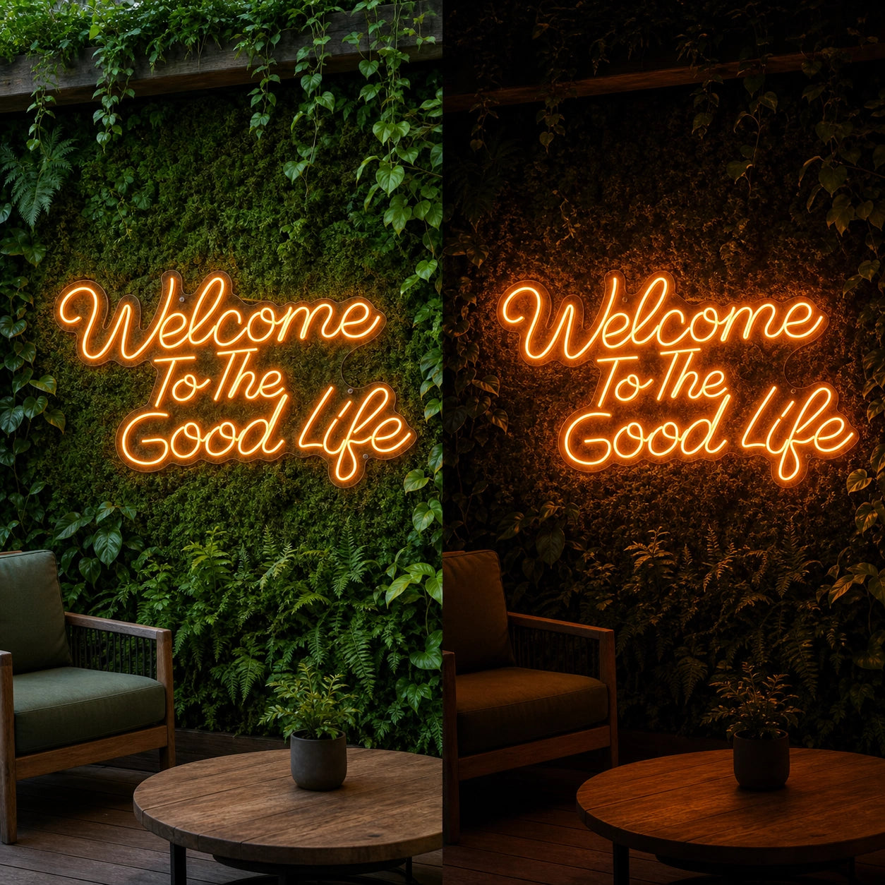 Welcome To The Good Life Wall Decor LED Neon Sign day and night comparison
