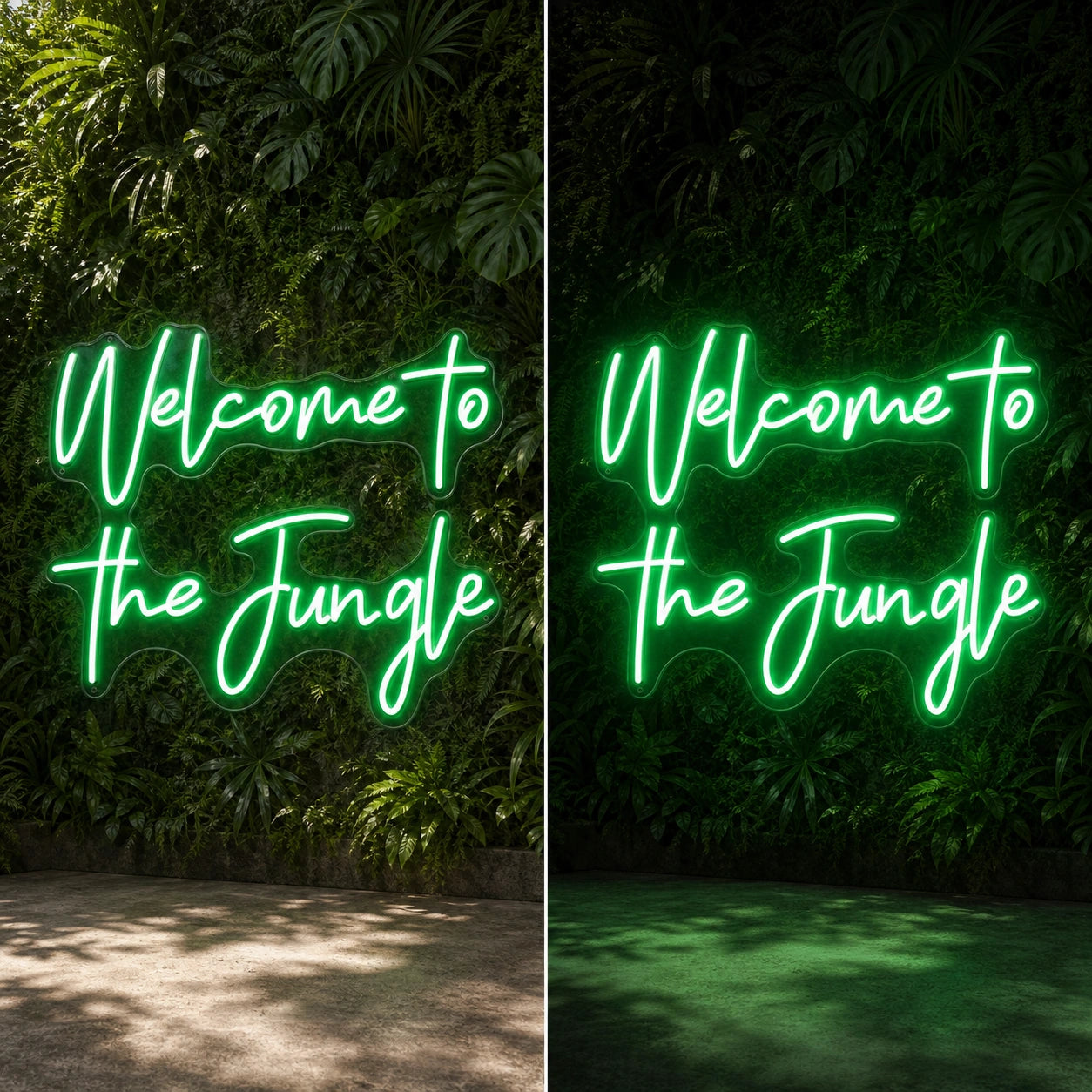 Welcome To The Jungle LED Neon Sign Garage Man Cave Neon Sign day and night comparison