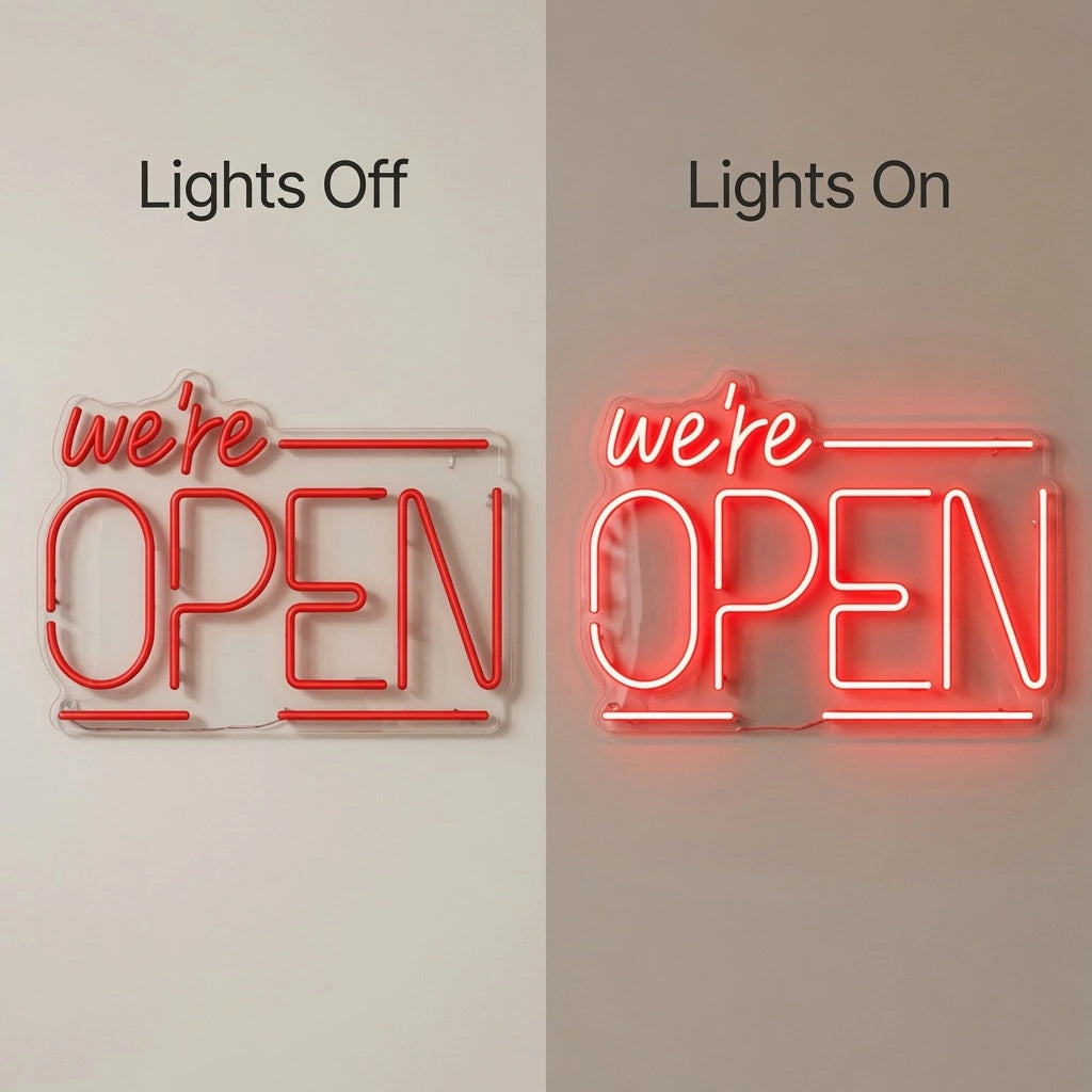 We're Open Wall Decor LED Neon Sign - 06 Day Night Comparison