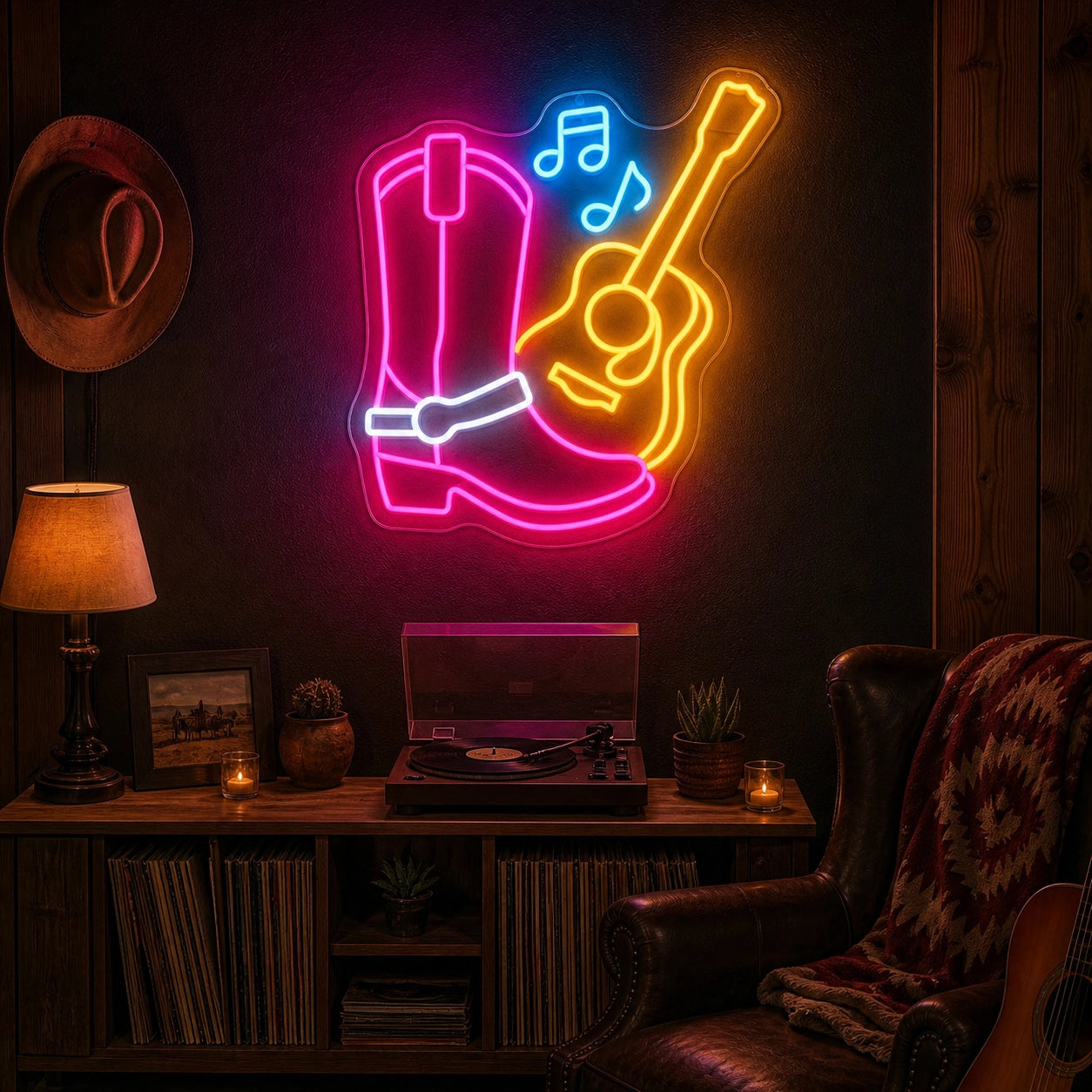 Western Boot Guitar And Music Notes LED Neon Sign real lifestyle scene
