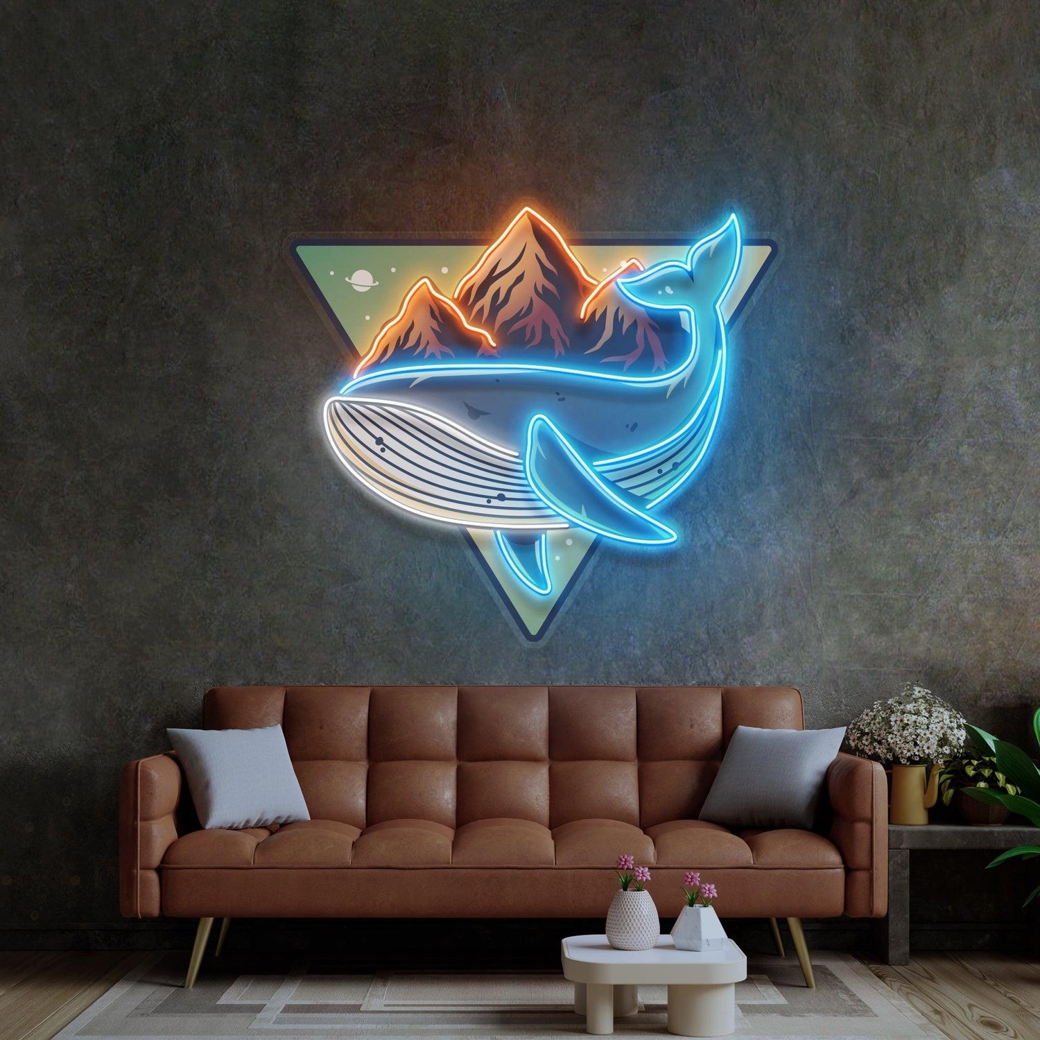 Whale On Mountain Top Blue Orange Uv Printed Led Neon Sign For Home Art Decor | Shineneon