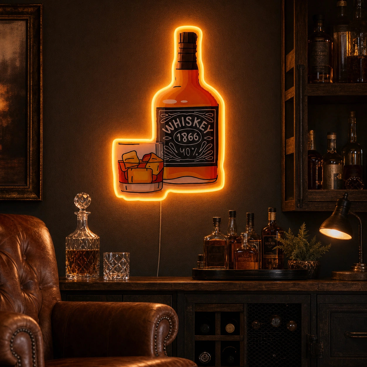 Whiskey Bottle And Rocks Glass LED Neon Sign real lifestyle scene