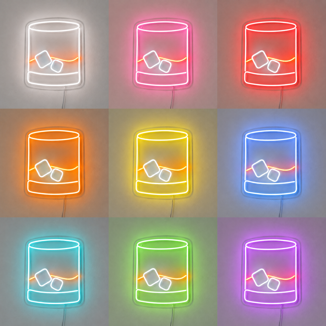 Whiskey On The Rocks LED Wall Art Home Bar Decor Cocktail Neon Sign LED Neon Sign color grid