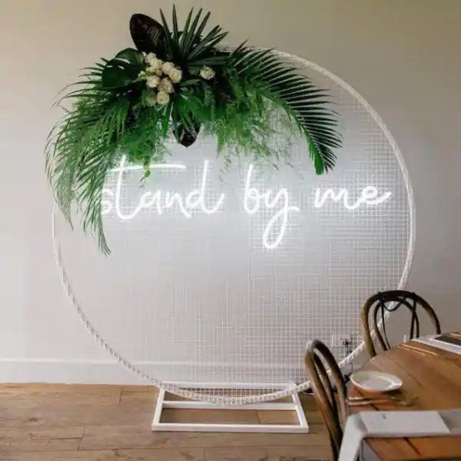 White Circular Stand By Me Led Neon Sign With Greenery Wedding Cafe Decor | Shineneon