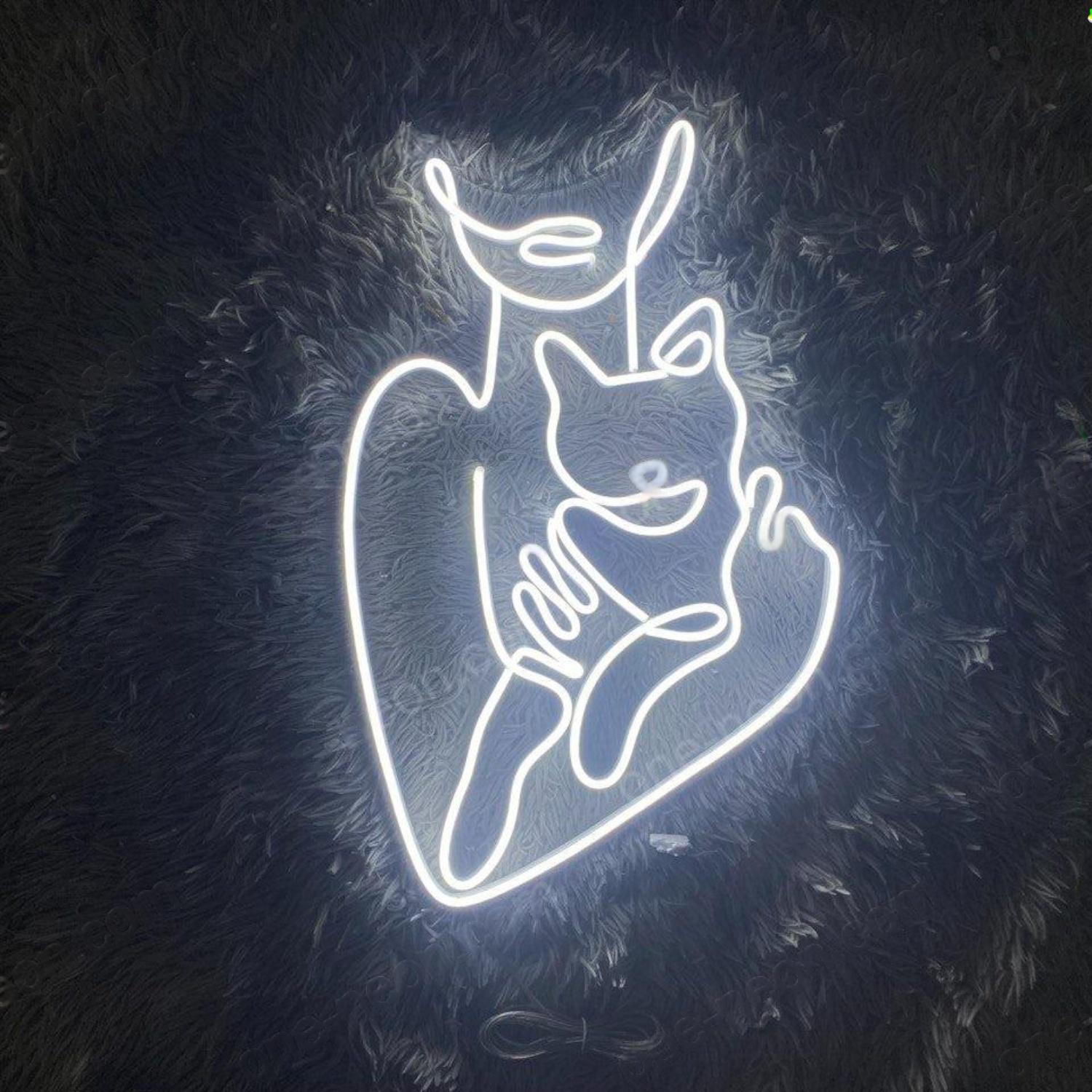 White Line Art Cat Mom Silhouette Led Neon Sign For Pet Lover Home Decor | Shineneon