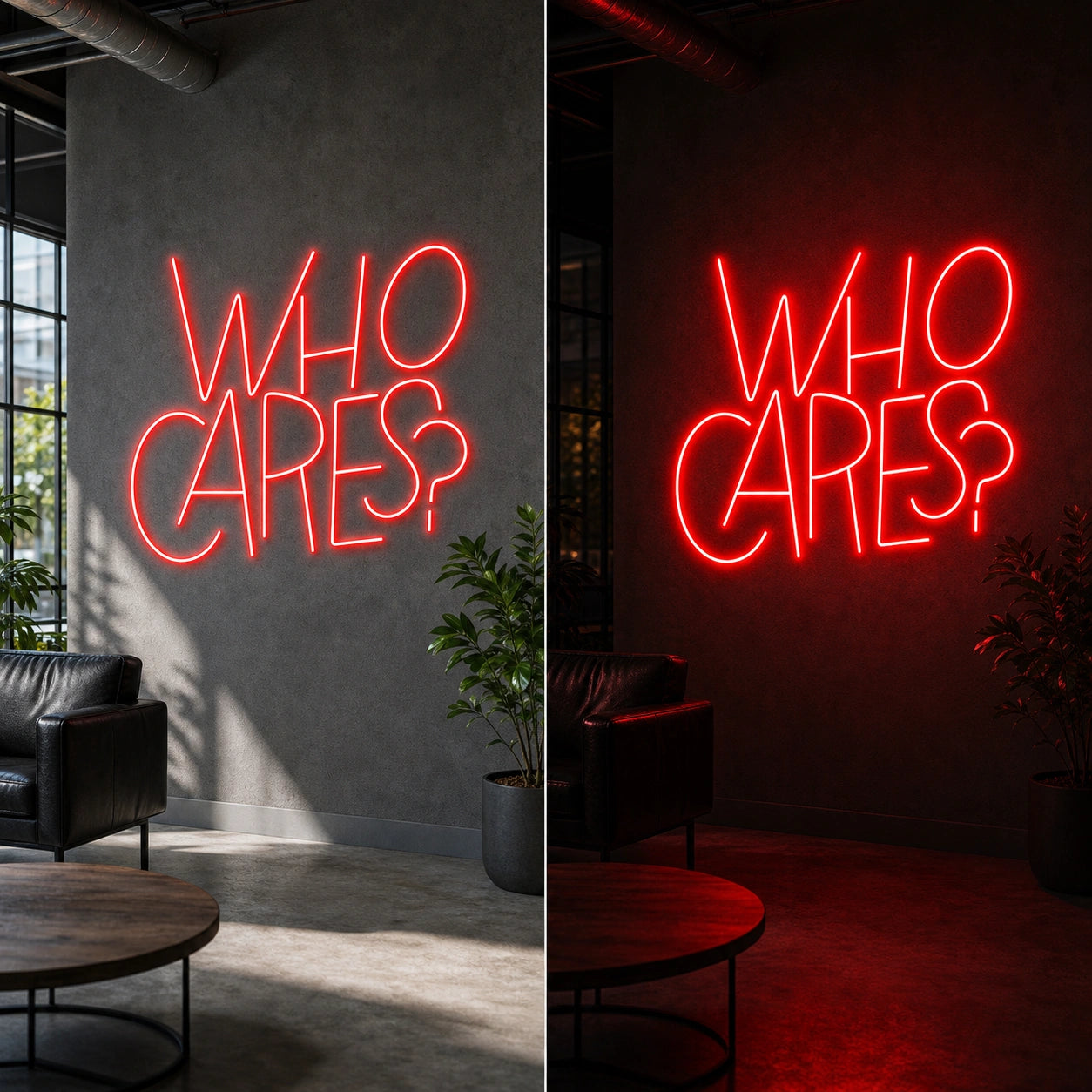 Who Cares LED Neon Sign day and night comparison