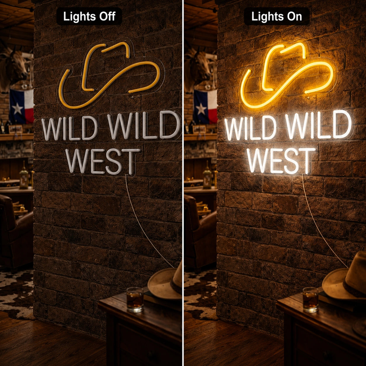 Wild Wild West Neon Sign LED Neon Sign day and night comparison