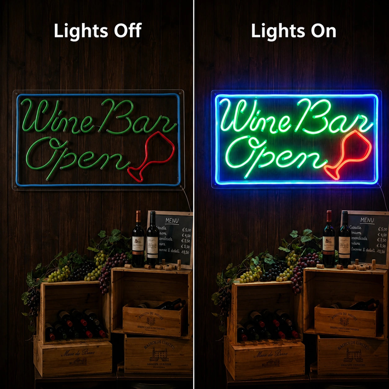 Wine Bar Open Neon Sign LED Neon Sign day and night comparison