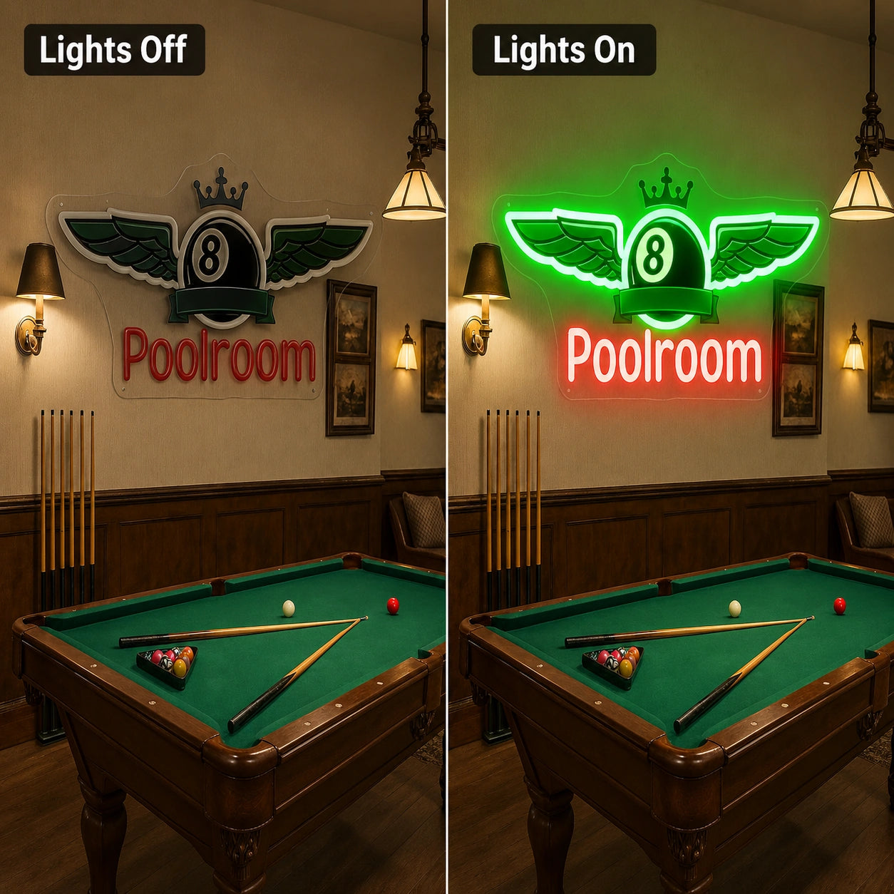 Winged Eight Ball Neon Sign LED Neon Sign day and night comparison