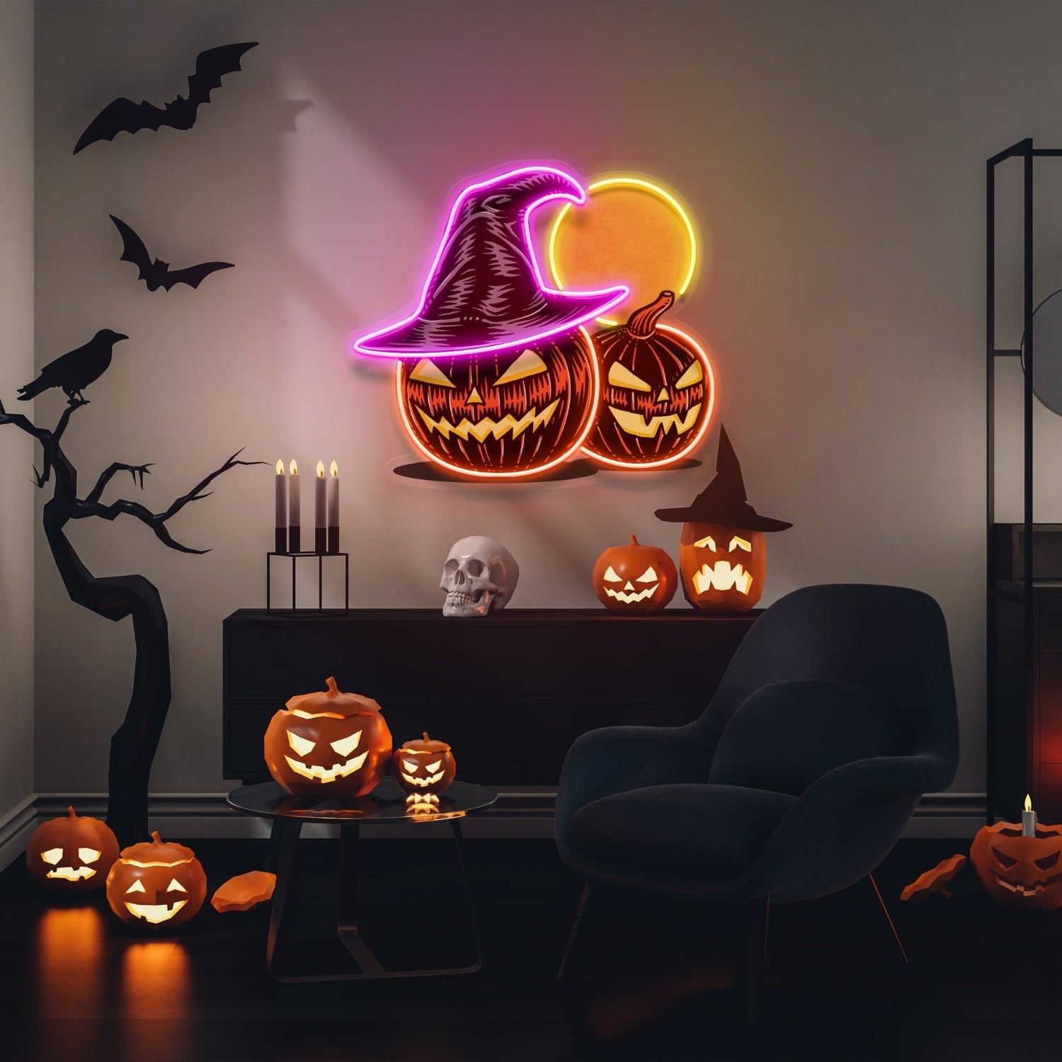 Witch And Moon Pumpkin Neon Acrylic Artwork | Shineneon