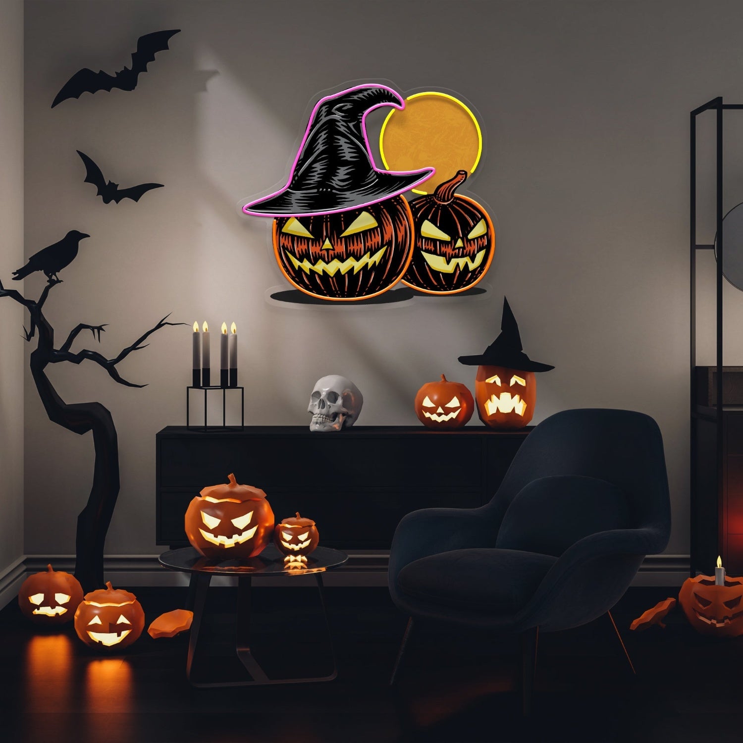 Witch And Moon Pumpkin Neon Acrylic Artwork | Shineneon