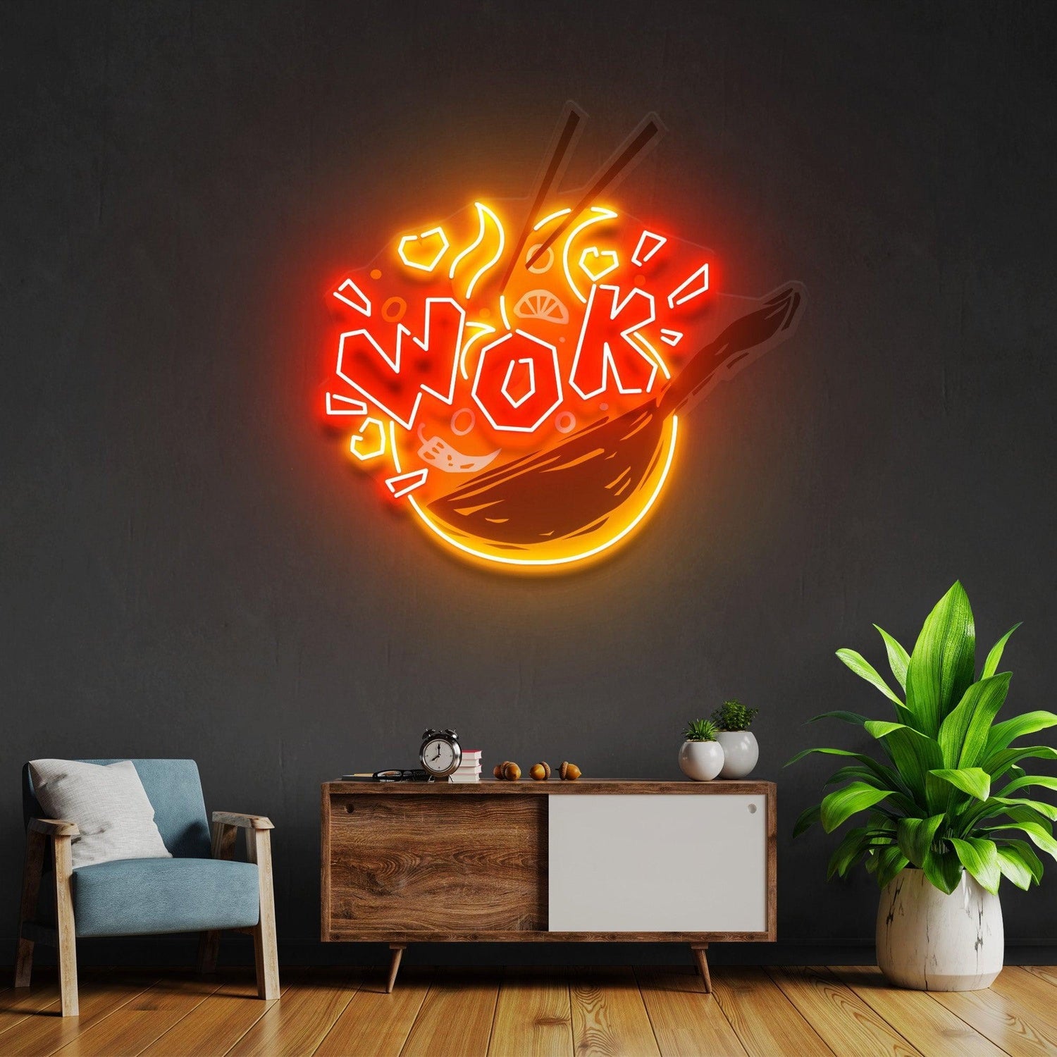 Wok Red-Yellow Glow Chinese Wok Art Uv Printed Led Neon Sign For Restaurant Wall Decor | Shineneon