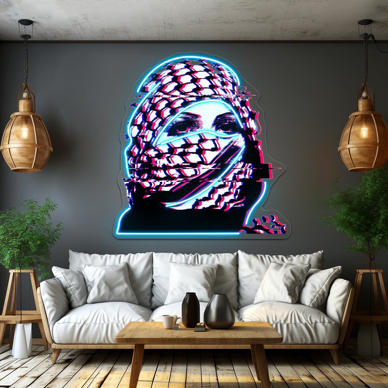 Woman In Palestinian Keffiyeh Glitch Artwork Led Neon Signs | Shineneon
