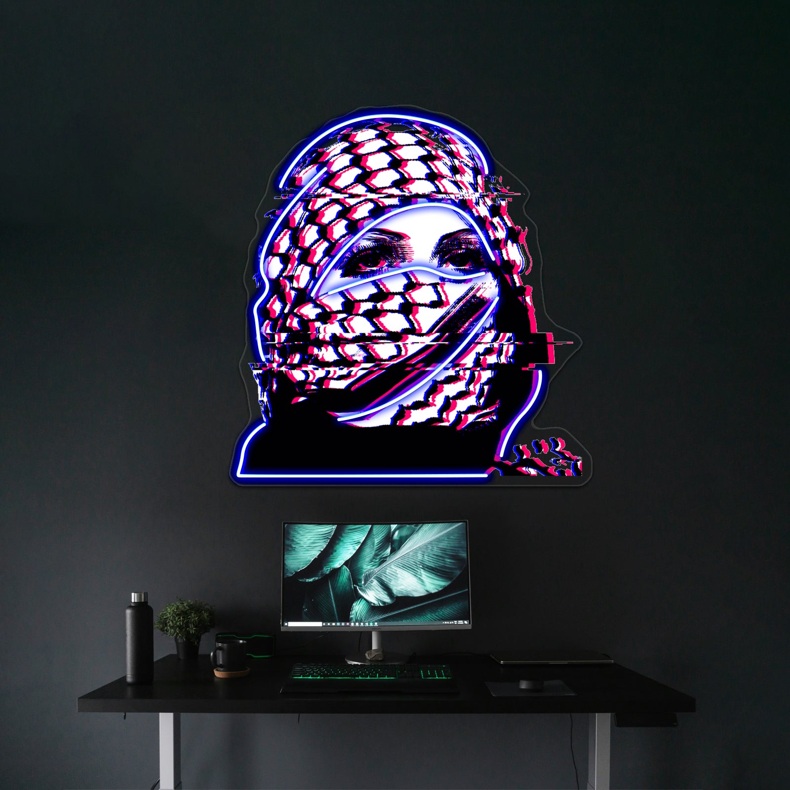 Woman In Palestinian Keffiyeh Glitch Artwork Led Neon Signs | Shineneon