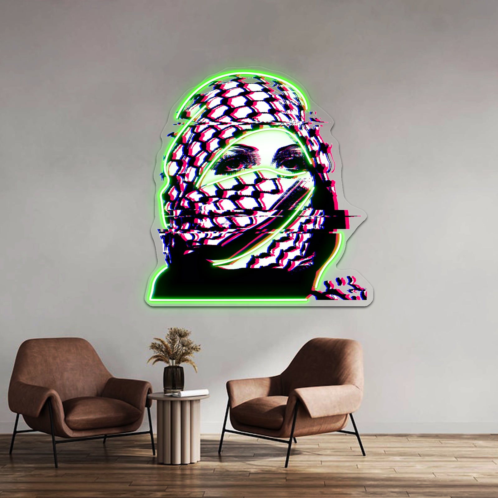Woman In Palestinian Keffiyeh Glitch Artwork Led Neon Signs | Shineneon