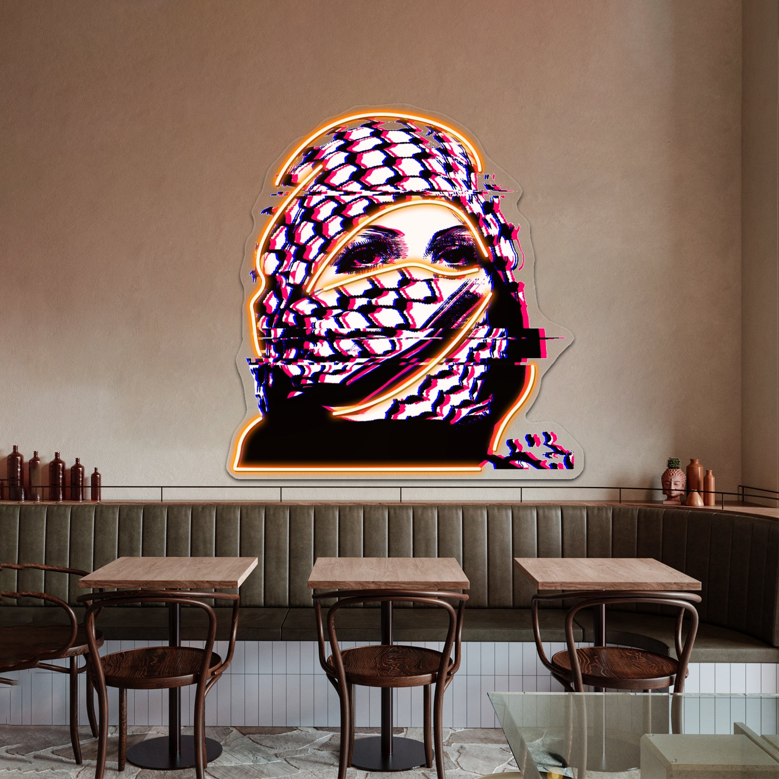 Woman In Palestinian Keffiyeh Glitch Artwork Led Neon Signs | Shineneon