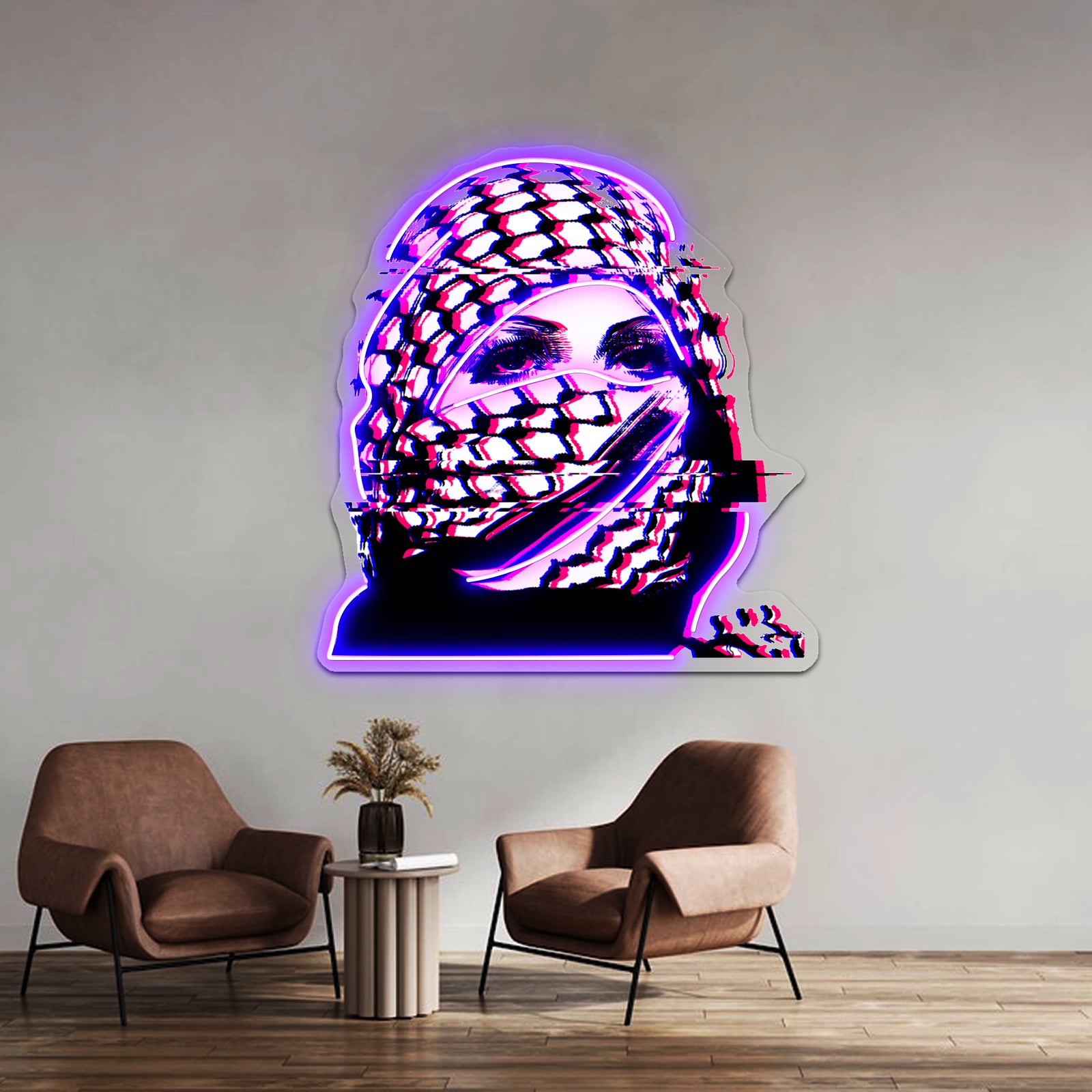 Woman In Palestinian Keffiyeh Glitch Artwork Led Neon Signs | Shineneon