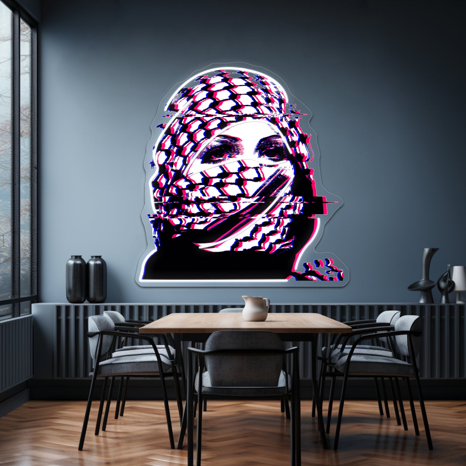 Woman In Palestinian Keffiyeh Glitch Artwork Led Neon Signs | Shineneon