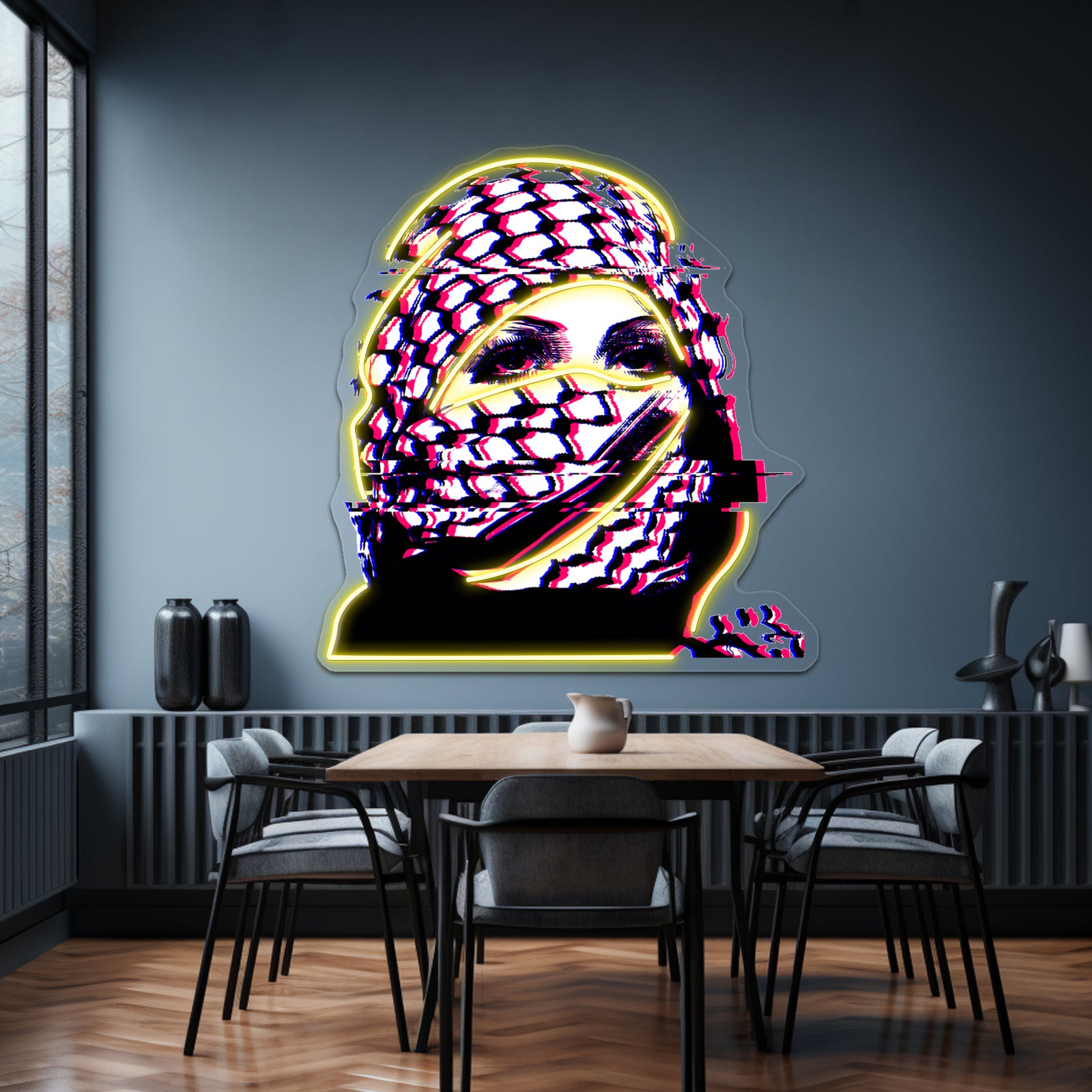 Woman In Palestinian Keffiyeh Glitch Artwork Led Neon Signs | Shineneon
