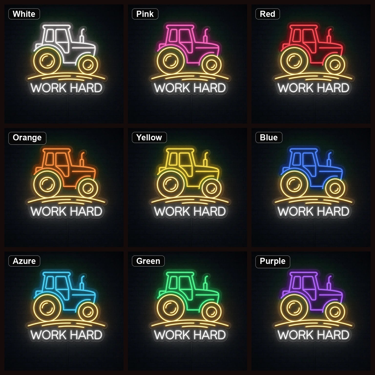 Work Hard Tractor LED Neon Sign color grid